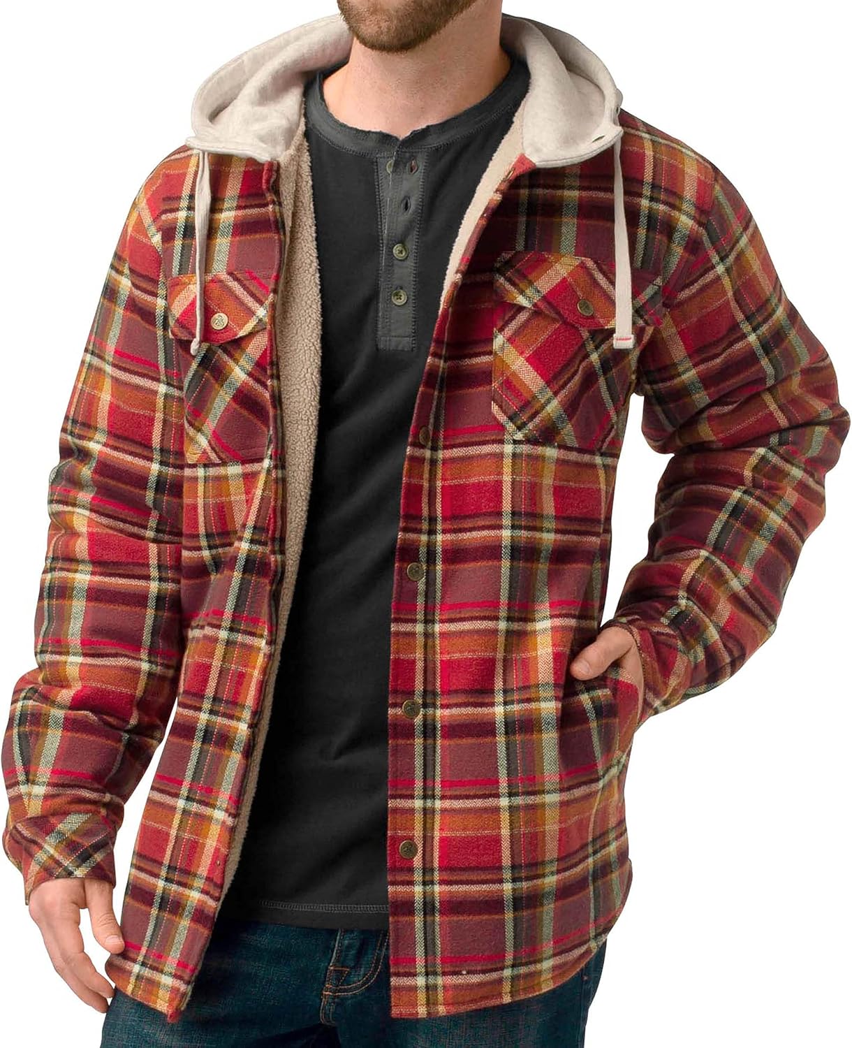 Legendary Whitetails Men's Camp Night Berber Lined Hooded Flannel Shirt Jacket: Clothing