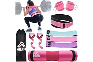 ATENTO 10Pcs Barbell Pad Set with Weight Lifting Belt, Thick Cushion Hip Thrust Pad for Bench Press, Lunges, Workout, Leg Exercise, Squat Bar Pad for Relief Pressure from Neck & Shoulder for Smith machine & Olympic Bars, with 2 Gym Ankle Straps, Hip Resistance Band, Carry Bag