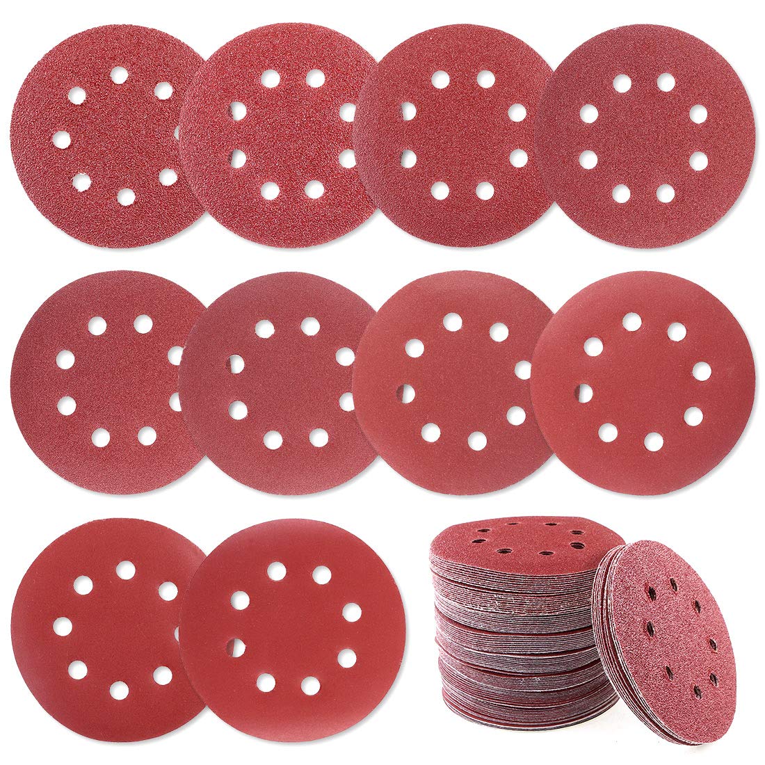 Glarks 100Pcs Sanding Disc Assortment, 5 Inch 8 Hole Dustless Hook and Loop Sandpaper Sanding Disc Sandpaper Sanding Sheets Assorted 40 60 80 100 120 180 240 320 400 800 Grit for Random Orbital Sander