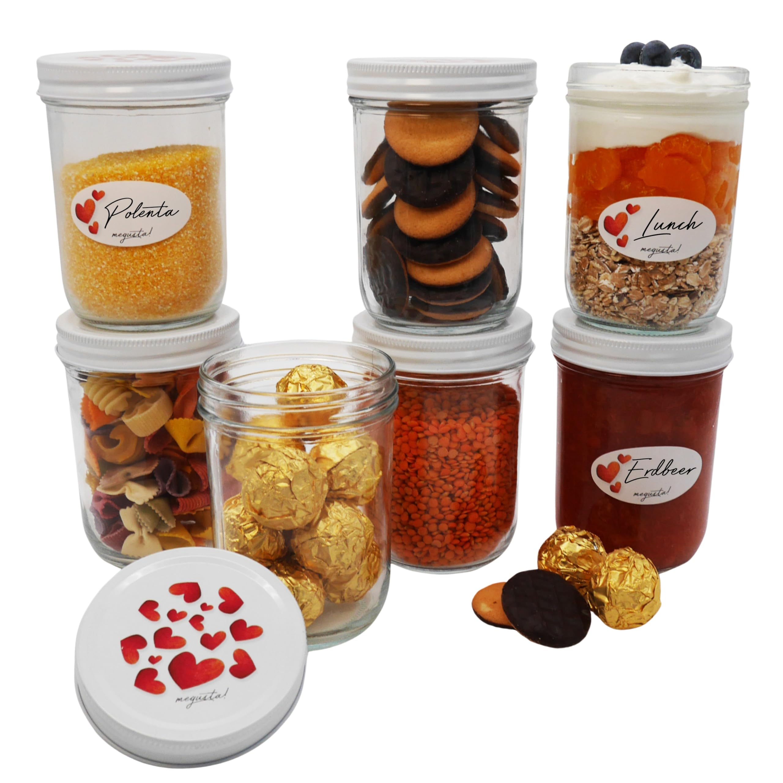 megusta!® set of 6 preserving jars 480 ml + 12 labels, clear jar with lid in heart design, as preserving jars, for baking, freezing, as storage jars