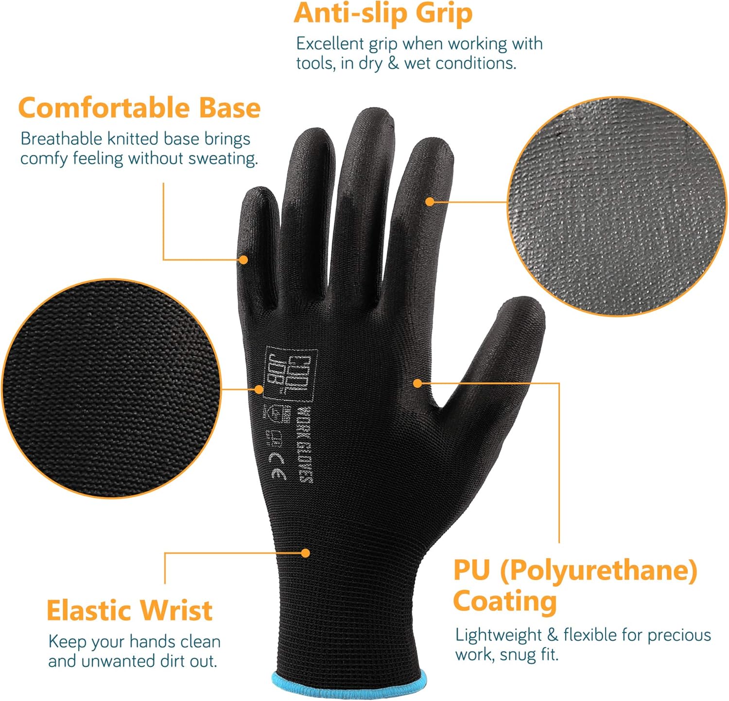 COOLJOB Polyurethane (PU) Coated Safety Work Gloves, 12 Pairs Working Gloves with Grip, One Dozen Bulk Pack, Black, X-Large Size (12 Pairs XL) - - 