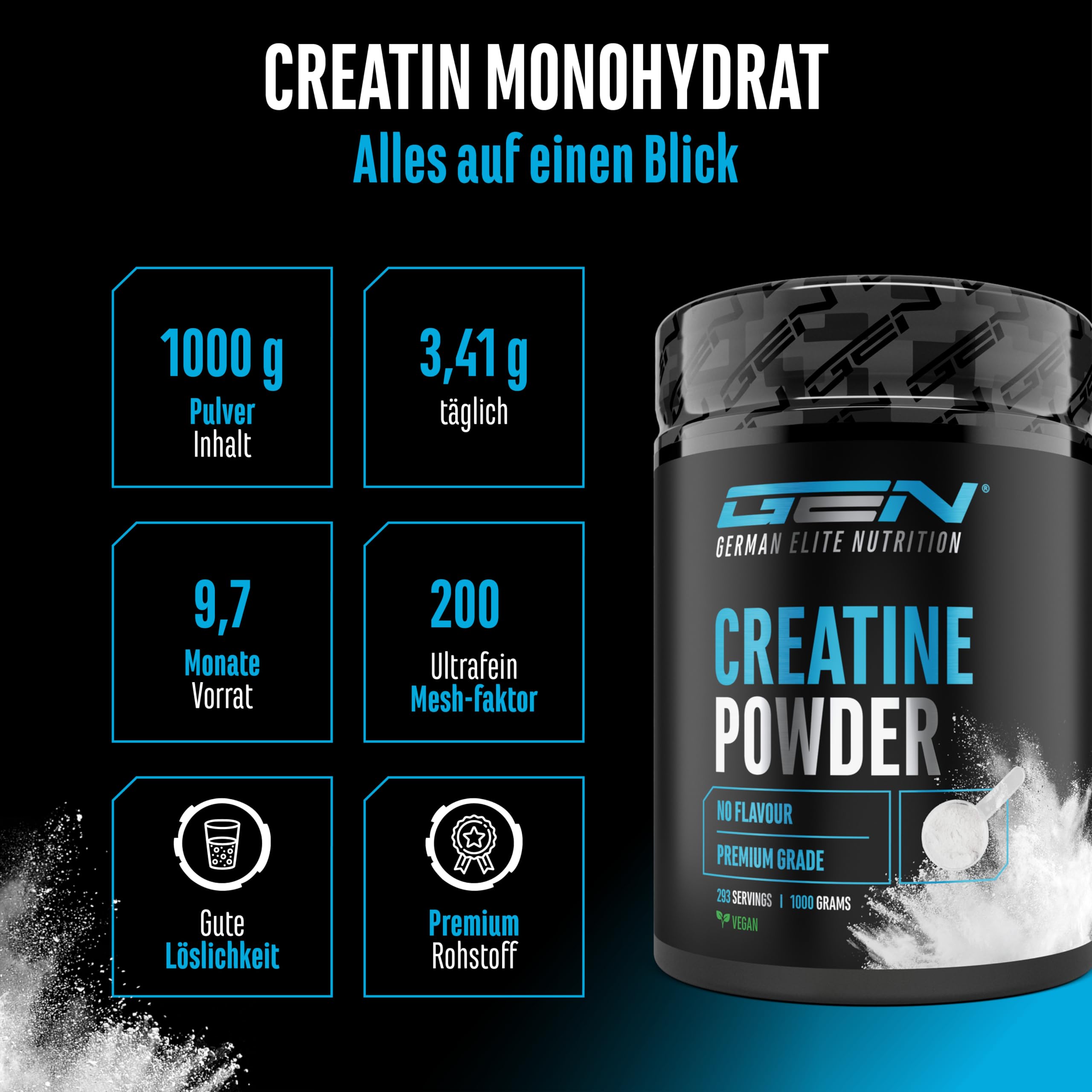 Creatin Pulver - 1kg / 1000 g - Creatine Monohydrat Pulver - Optimale Löslichkeit & mikrofein - Vegan - 293 Anwendungen - German Elite Nutrition 2