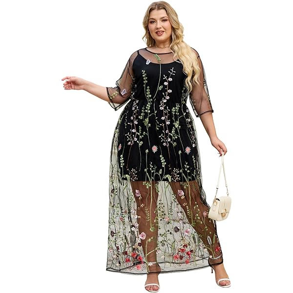 Amazon.com: SweatyRocks Women's Sheer Mesh Embroidery Dress Floral Short  Sleeve Dress A Line Long Dresses : Clothing, Shoes & Jewelry