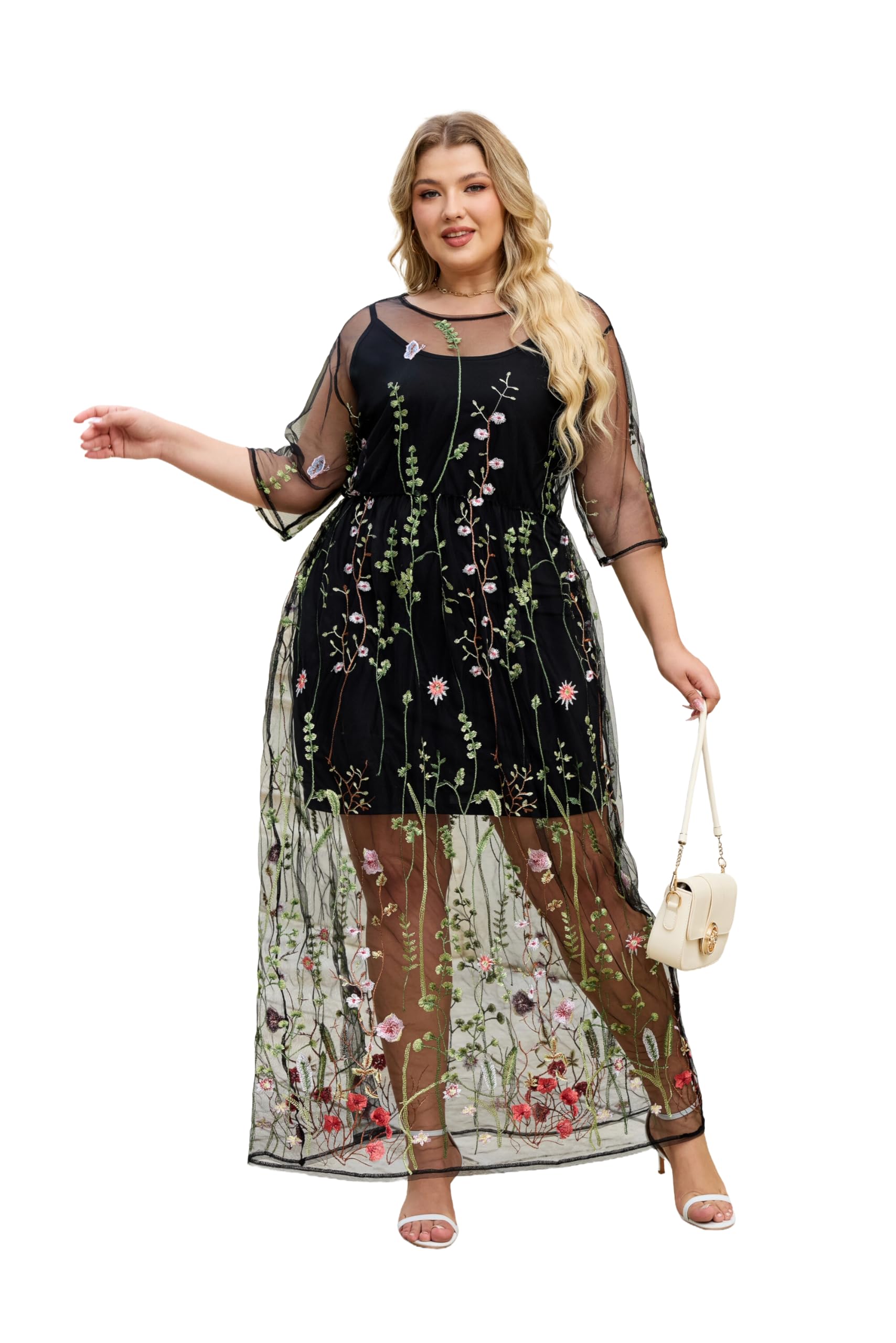 Photo 1 of BaronHong Women's Floral Embroidered Tulle Prom Maxi Dress with Cami Dress 3/4 Sleeves(Black,4XL)