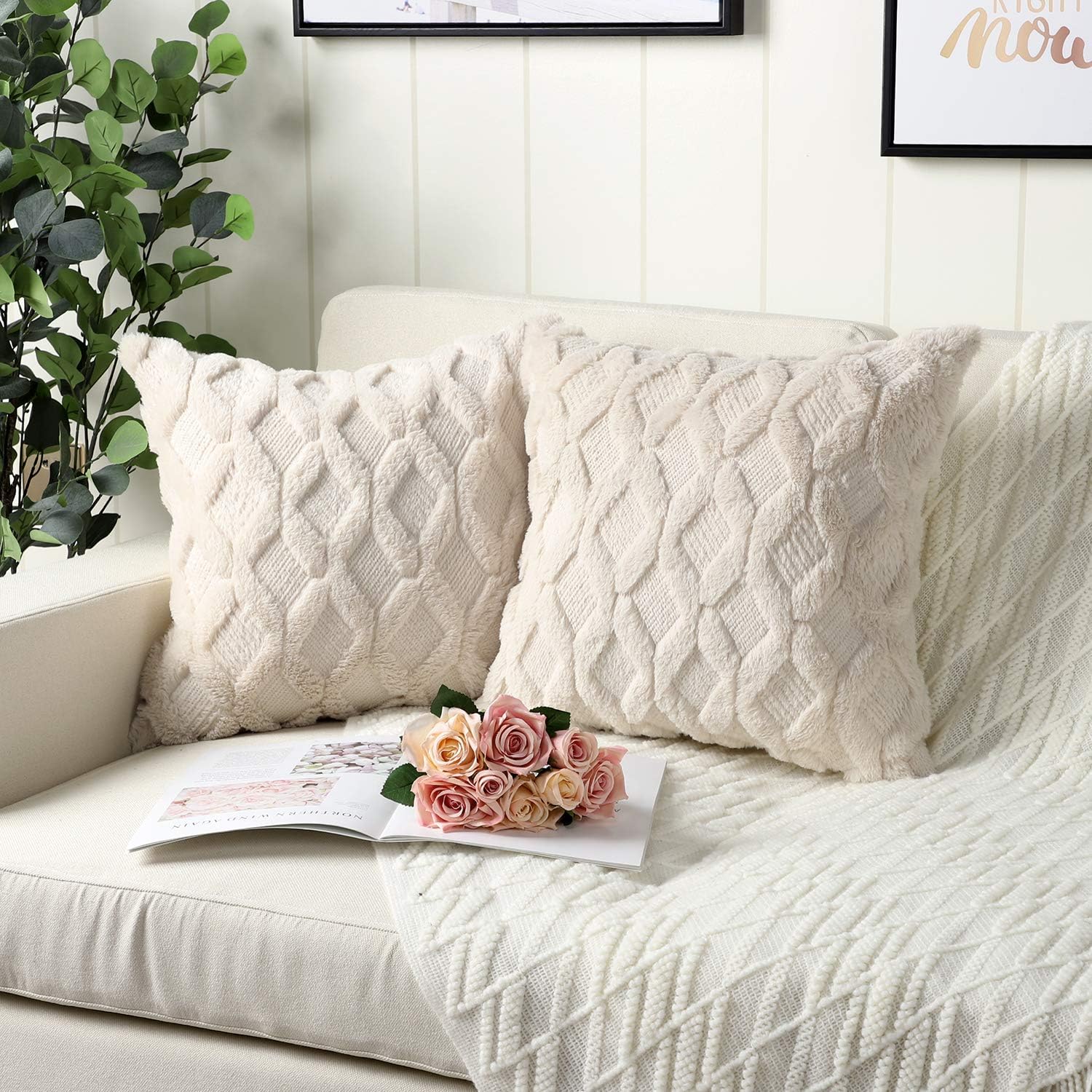 Madizz Pack of 2 Soft Plush Short Wool Velvet Decorative Throw Pillow Covers Luxury Style Cushion Case Pillow Shell for Sofa Bedroom Square Beige 16x16 inch: Home & Kitchen