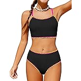 Oranchids Girls Swimsuit Colorful Contrast Trim Bikini Set Two Piece Bathing Suit Solid Color Girls' Swimwear 9-16T