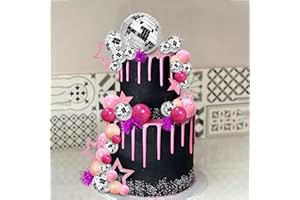 DRWATE Pink Disco Ball Cake Topper Mirror Balls Cake Decorations with Pink Stars Cake Topper for 70s 80s Disco Dance Saturday Night Fever Birthday Supplies