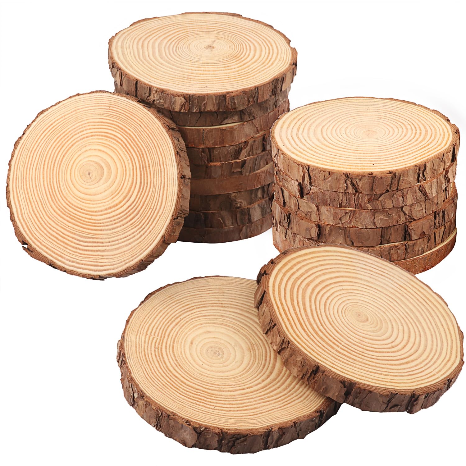 Photo 1 of 18 PCS 5.5-6.3 Inch Natural Wood Slices, Unfinished Pine Wood Circles with Barks for Coasters, DIY Crafts, Christmas Rustic Wedding Ornaments and Centerpieces,by GNIEMCKIN