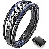 murtoo Mens Bracelet Leather with Steel Chain, 'Chain of Freedom' Brown and Black Leather Bracelet with Adjustable Clasp for Men Gift