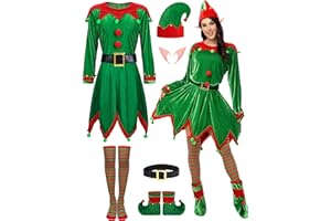 SOMSOC 6 Pack Women Christmas Elf Costume Set Velvet Dress Santa's Helper Costume Xmas Outfit Elf Hat Shoes Ears Belt Socks
