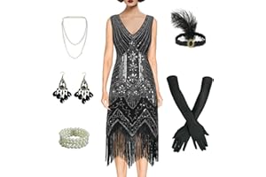 BONGZUO Women's 1920s Flapper Dress Vintage Lace Fringed Gatsby Cocktail Dress with 20s Accessories Set