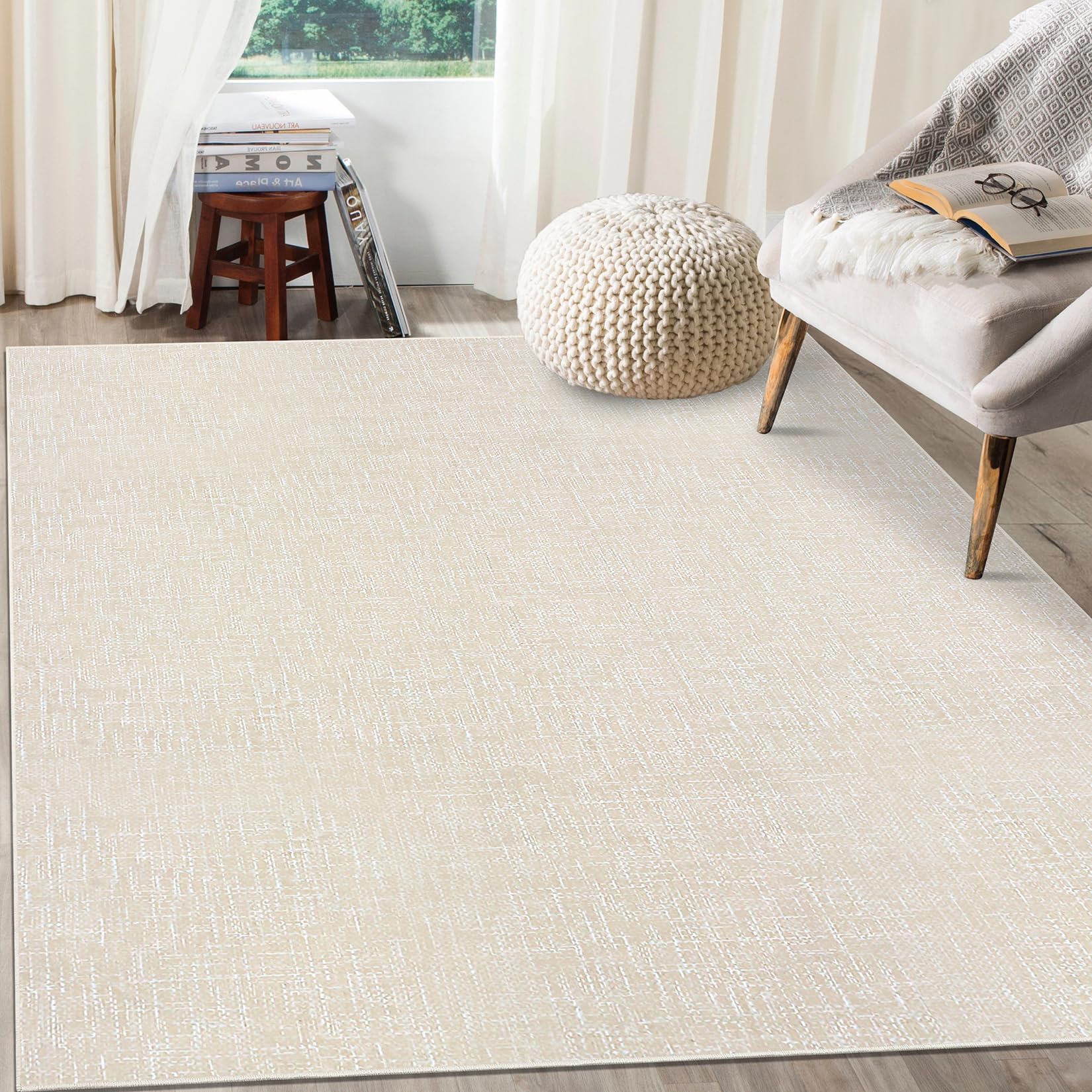 Photo 1 of RUGSREAL Area Rug 5x7 Machine Washable Area Rug for Living Room Non-Slip Stain Resistant Modern Abstract Rug Contemporary Solid Throw Rug Foldable Accent Floor Carpet for Dining Room, Cream