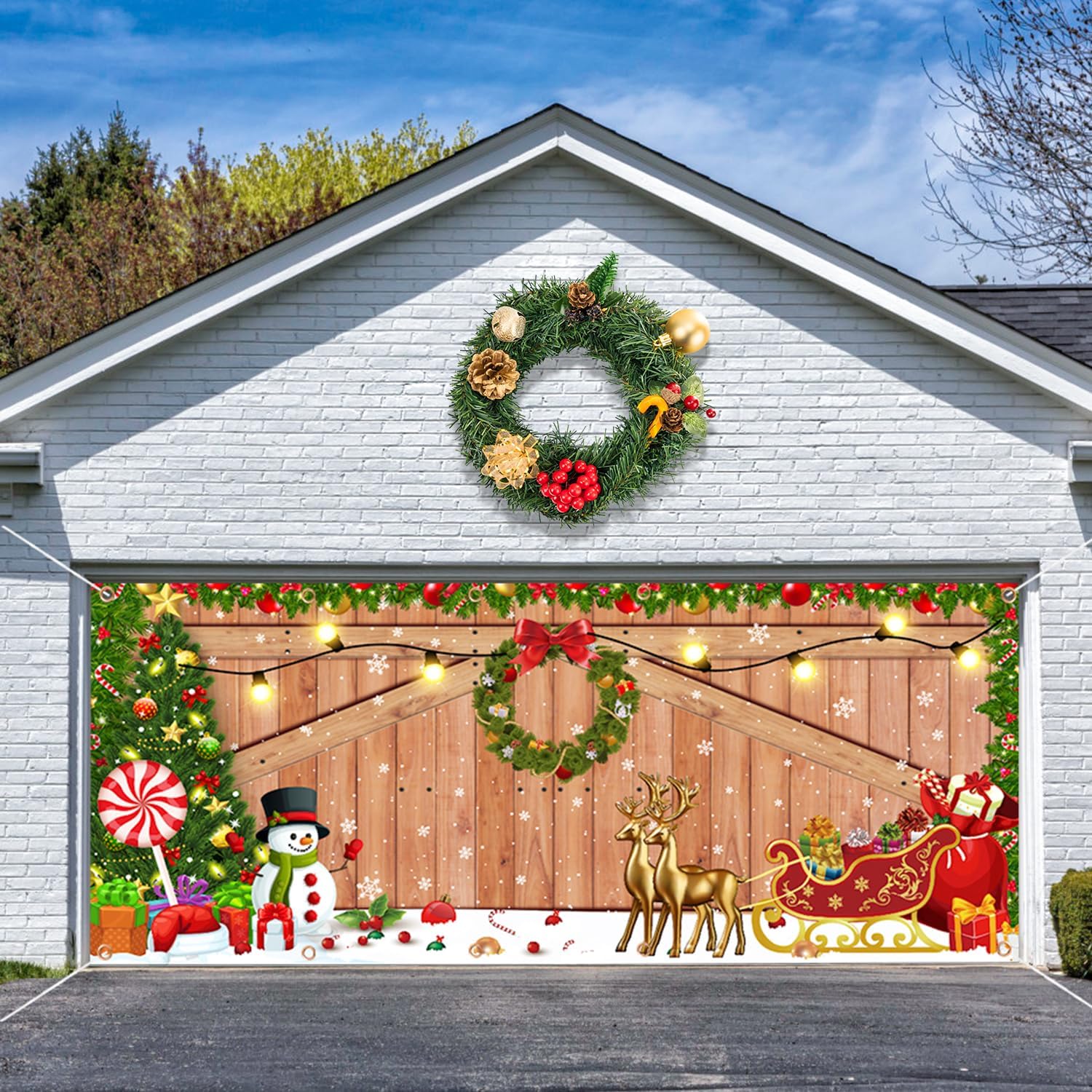 Garage Door Decorations - 7 x 16 ft Christmas Garage Door Banner Decorations,Christmas Double Garage Door Cover,Hanging Banner Large Christmas Backdrop Decoration for Outdoor Indoor Home Holiday Party Photo Wall Background
