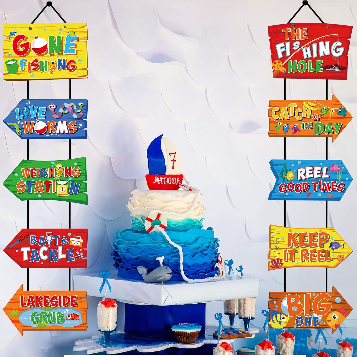 10 Pieces Gone Fishing Party Decorations Signs Little Fisherman Cutouts The Big One Party Directional Welcome Door Banner for Kids Baby Shower Birthday Party Favor Ideas Gone Fishing Theme Supplies: Toys & Games
