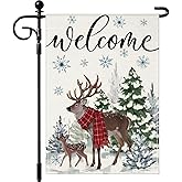 Artscope Welcome Reindeer Christmas Tree Garden Flag 12x18 Inch Double Sided, Seasonal Outdoor Winter Xmas Flag for Yard Farmhouse Holiday Decoration-Beige