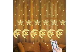 SAKAYO [Timer & 8 Modes] Ramadan Lights Decorations, 138 LED Moon Star Curtain Lights, Battery Operated Ramadan Lights Window Fairy Lights, Ramadan Eid Decorations for Home Indoor Outdoor Ramadan Decor