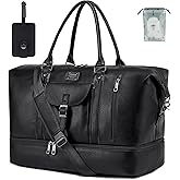weiatas Faux Leather Travel Duffel Bag for Women Men, Large Weekender Overnight Bag with Shoes Compartment, Waterproof Carry On Bag Travel Tote Bag Gym Bag with Luggage Strap (Black)