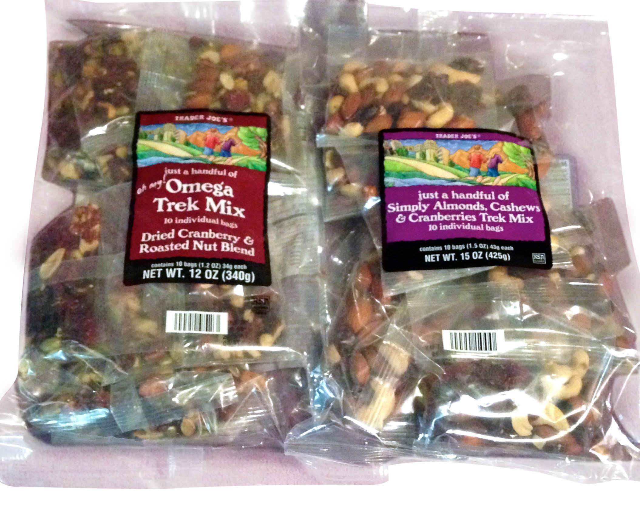 Omega Trek Mix & Just a handful Simply Almonds - Cashews 15 oz - Cranberries 12 oz. each in individual pouches (20 bags) 2 Items