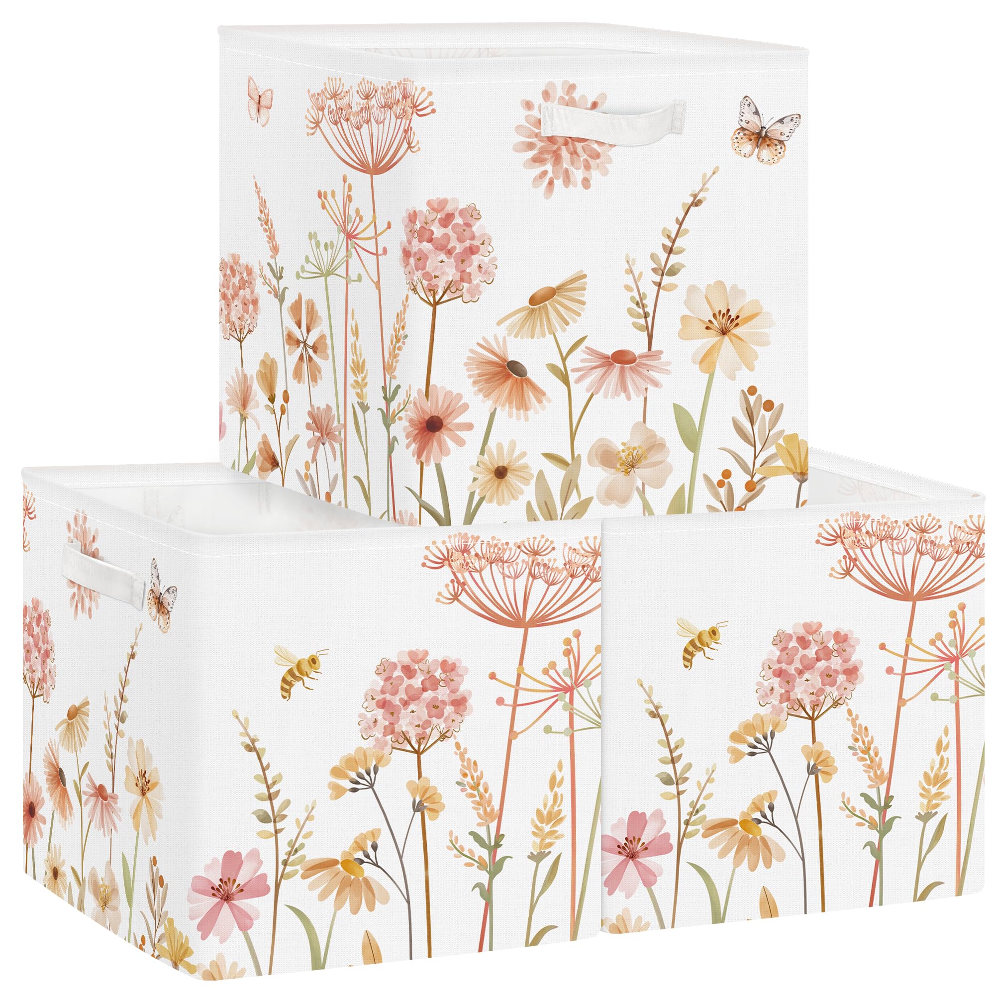 Clastyle 3 pcs Flower Women Cube Storage Unit Boxes Foldable Storage Baskets for Shelves Ladies Girls Nursery Hamper Basket Book Clothes Toy Box Organizer,Pink Wildflower
