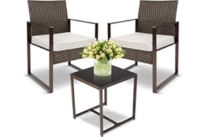 YIYAN Patio Furniture Set 3 Pieces Outdoor Rattan Chair Wicker Sofa Garden Conversation Bistro Sets with Coffee Table,Comfortable Washable Cushions (White)