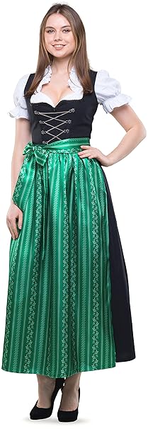 Dirndlspatz Dirndl lang Damen Set 3-tlg. Sabrina in Grün Schwarz Gr 38-60 mit Bluse und Schürze