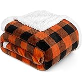 PAVILIA Black Orange Buffalo Plaid Sherpa Throw Blanket for Couch, Plush Halloween Checkered Fleece Blanket and Throws, Soft Fuzzy Flannel Blanket for Sofa Bed, Warm Cozy Winter Blanket Gift, 50x60