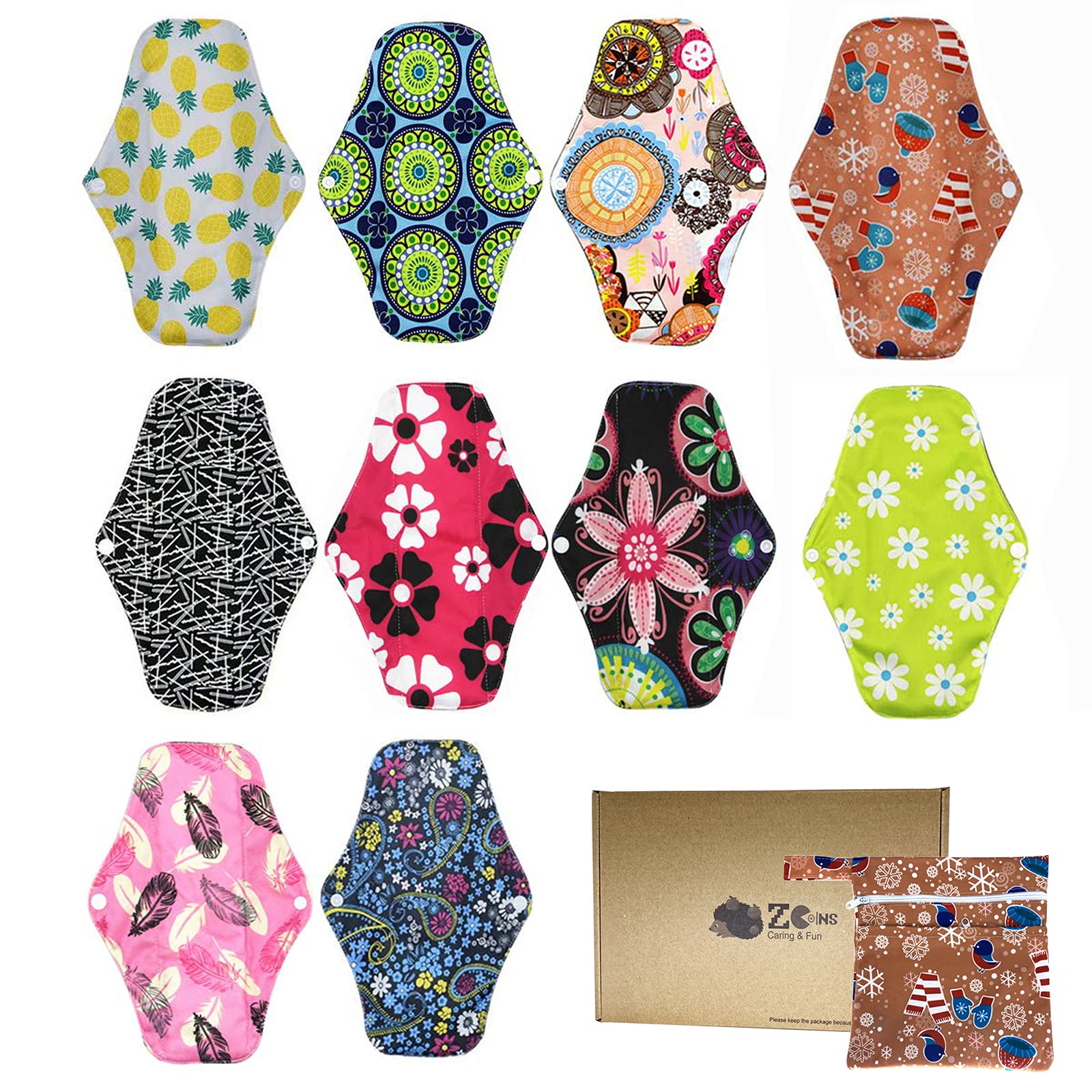ZCOINS 10 Pack Reusable Sanitary Pads for Women, Size M (26cm) Medium to Heavy Flow, Washable Cloth Period Pads for Comfortable Daytime Protection, Includes Wet Bag