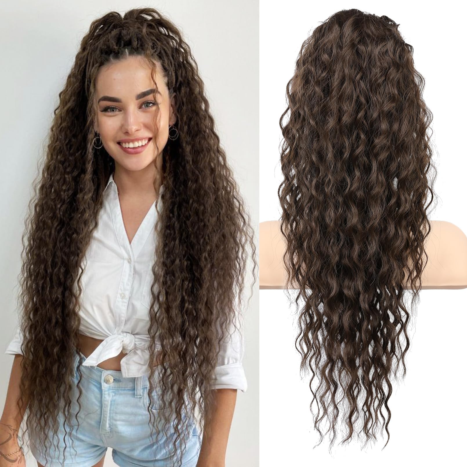Photo 1 of Flufymooz Ponytail Extension, 26 Inch Bohemian Style Drawstring Ponytail Hair Extensions for Women, Long Curly Wavy Pony Tail Natural Synthetic Hairpiece for Women (26 Inch Dark Chocolate Brown)