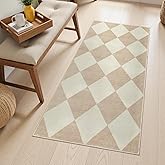 Beeiva Checkered Print Washable Runners for Hallways 2x4, Ultra Thin Beige Small Rugs for Entryway Low Pile Non Slip Bathroom Rug, Modern Geometric Decor Neutral Throw Rug for Kitchen Laundry Bedroom
