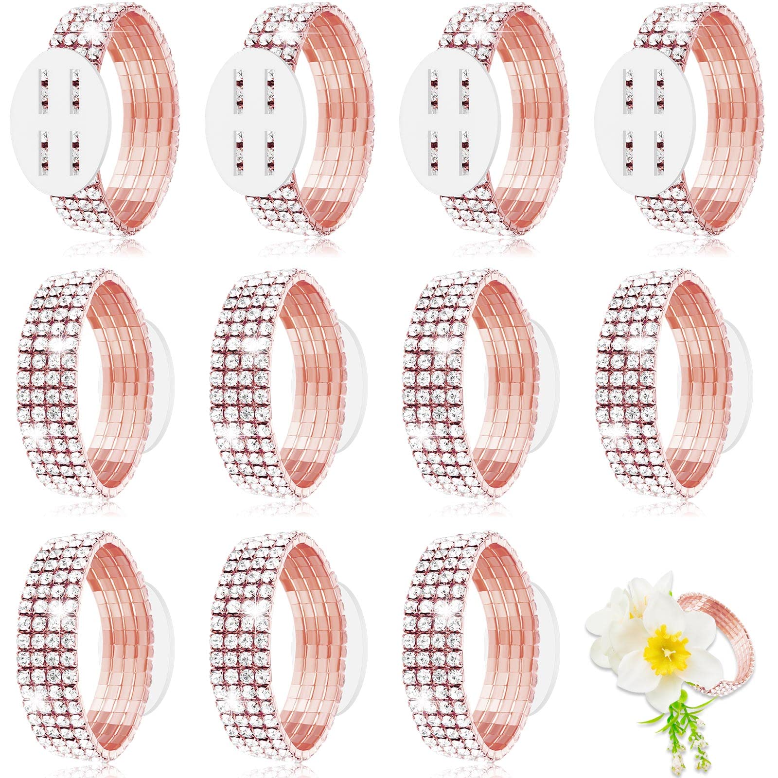 Photo 1 of Junkin 12 Pcs Corsage Bracelet Wrist Corsage Rhinestone Elastic DIY Wrist Rhinestone Bracelet for Wedding Decor Prom Anniversary (Rose Gold)