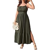 SCOMCHIC Plus Size Summer Boho Dresses Spaghetti Strap Sleeveless Casual Sundress Smocked Flowy Slit Beach Maxi Dress