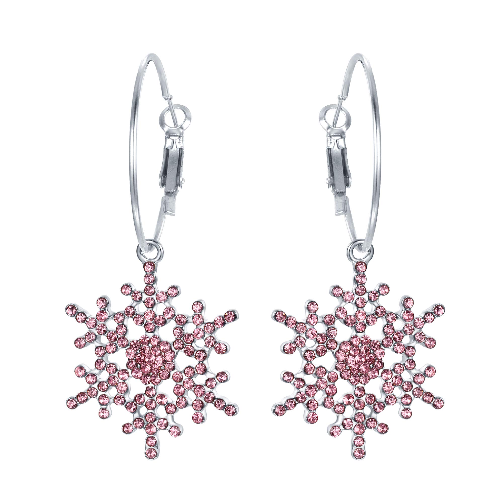 EVER FAITH Snowflake Earrings Austrian Crystal Winter Snowflake Hoop Pierced Dangle Earrings Pink Silver-Tone