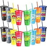 Potchen 16 Pcs Video Game Party Supplies Gaming Plastic Cups with Lids and Straws Gamer Reusable Tumbler for Fun Video Birthday Party Favor for Adults (Colorful)