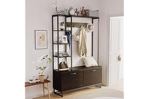 XANKZI Hall Tree with Bench and Shoe Storage, Entryway Bench with Coat Rack, 2 Hidden Shoe Cabinets with Doors, 5 Storage Shelves, 5 Metal Coat Hooks, Rustic Wood Mud Room Organizer Furniture (Dark Walnut)