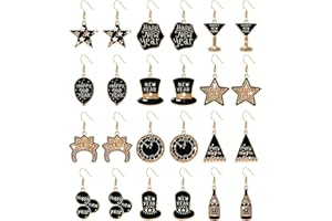 NVENF 9/12Pairs Happy New Year Earrings for Women, 2023 Year Earrings Glitter Star Hat Clock Earrings Holiday New Year’s Eve Earrings Festive Party Accessory Jewelry Gifts