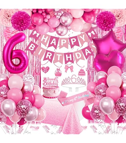 Geburtstagsdeko Für 6-jähriges Mädchen – Rosa Ballons, Folienzahl 6, Banner, Pompons, Alles Dabei