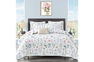 UOZZI BEDDING 3 Piece Reversible White Quilt Set King Size with Blue Green Leaves and Red Flowers Soft Microfiber Lightweight Floral Coverlet Bedspread for All Season