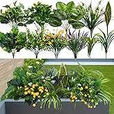 GTIDEA 19 Bundles Outdoor Faux Plants, Artificial Plants & Flowers UV Resistant Fake Plastic Leaves Greenery Stems for Outside Window Box Hanging Baskets Garden Patio Front Porch Decor