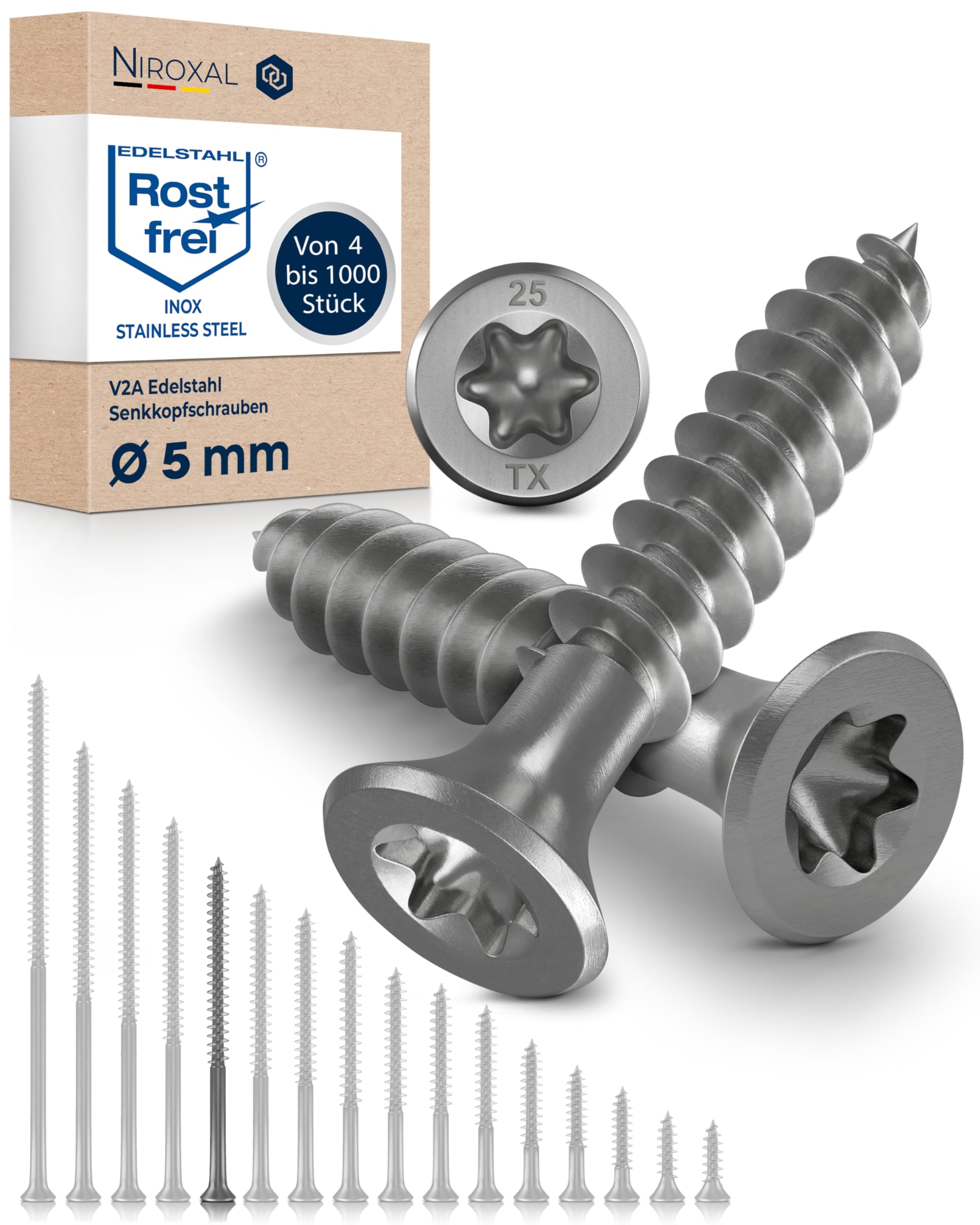 Wood Screws 5x70 mm Stainless Steel 304 Torx Countersunk Head Partial Thread Chipboard Screws Pack of 25 NietFullThings