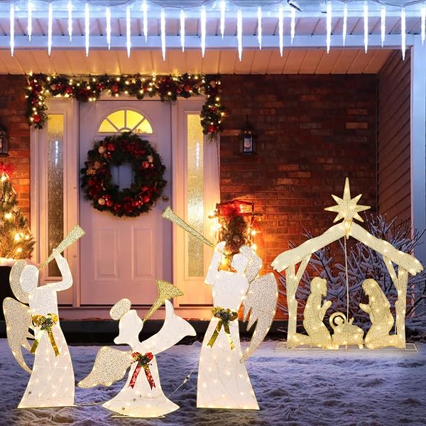 OUTDOOR CHRISTMAS ANGEL DECORATION CHRISTMAS LIGHTED 3 ANGELS PLAYING TRUMPET WITH HOLLY BERRIES DECORATION FOR XMAS HOME PATHWAY LAWN PARTY DISPLAY