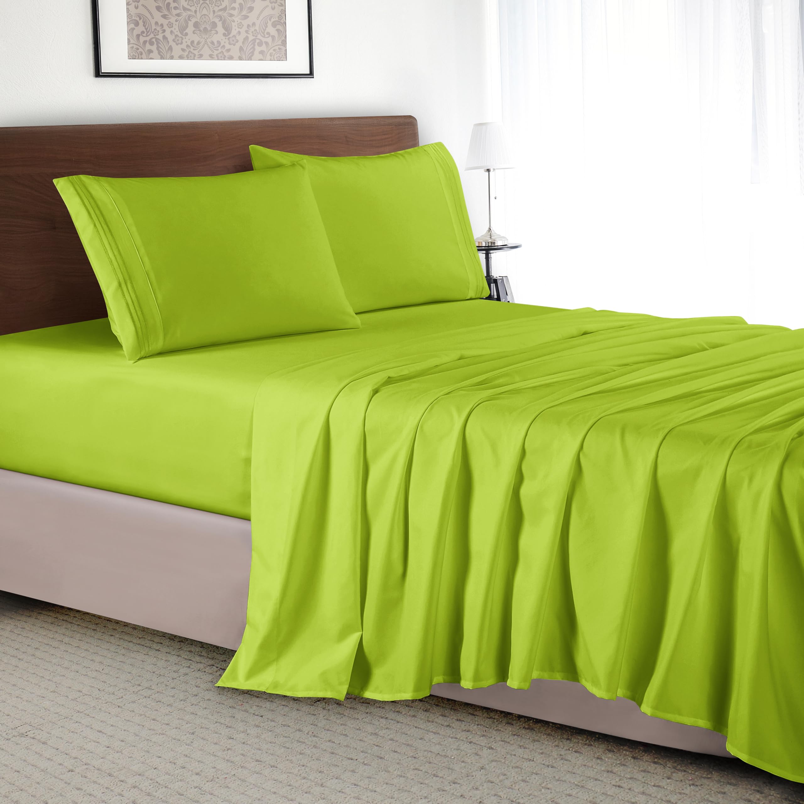 Elegant Comfort Luxury 4-Piece Bed Sheet Set - Luxury Bedding 1500 Premium Hotel Quality Microfiber, Wrinkle Resistant Cool & Breathable, Easy Elastic Fitted, Full, Neon Green