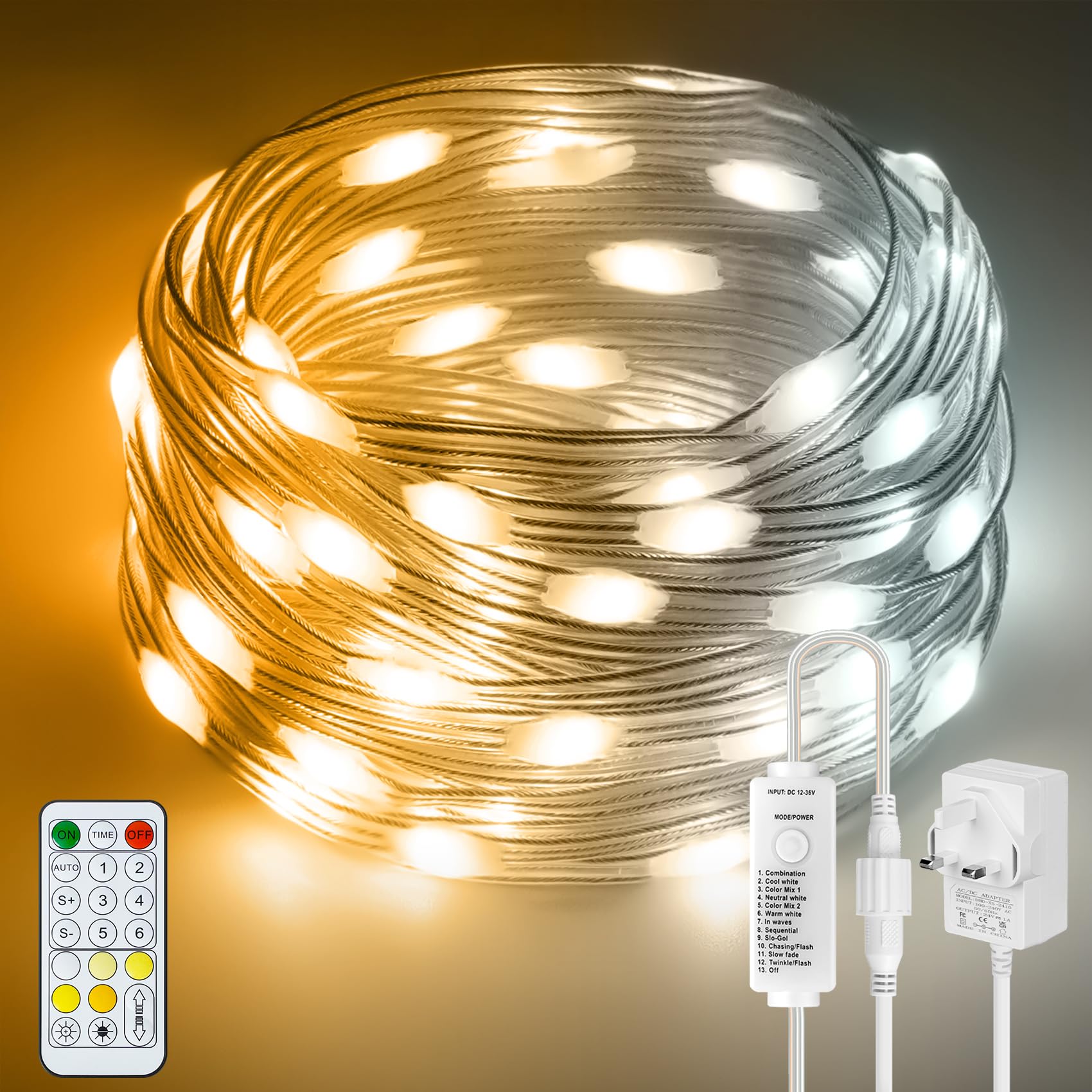 HOUHUI LED Fairy Lights, 30meter Warm to Cool White Indoor Outdoor String Lights with Remote, 8 Modes 2700K-6500K Dimmable White Fairy Twinkle Lights IP67 Waterproof for Christmas Bedroom Party Decor