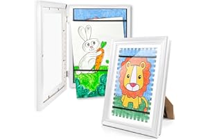 KOTNYX LED Light Kids Artwork Frame - Front Opening Kids Art Display Picture Frame, Holds 100 Pictures, MDF & Shatter-Resistant Glass, Standing Frame/Wall Hanging,13.3x10, Mat 11.6x8.3 - White