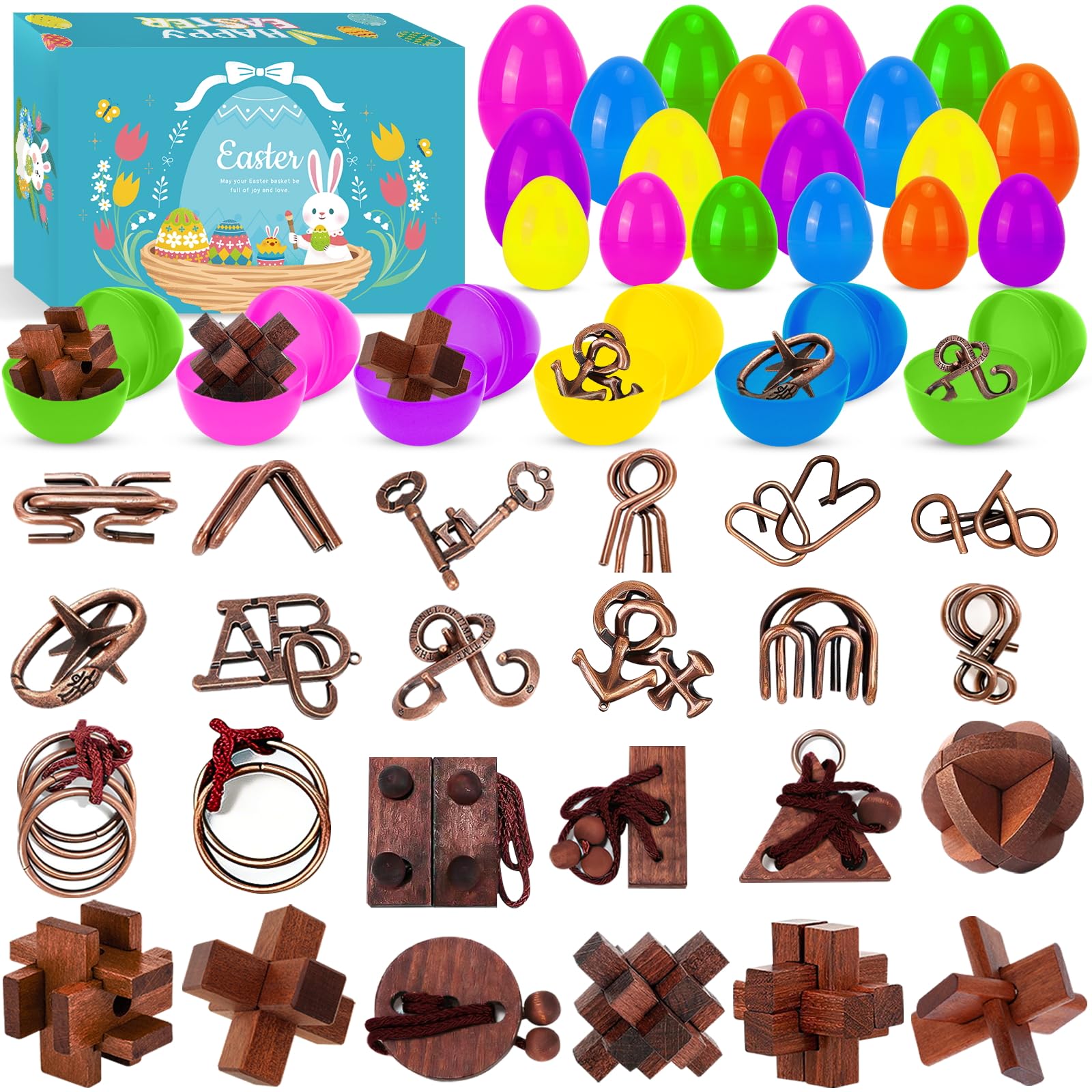 CHILDGO Easter Basket Stuffers,24 Pack Fun Easter Brain Teaser Puzzle Toys, Egg Fillers, Filled Easter Eggs for Kids,Mind-Challenging Puzzle Games & Party Favors for Teens