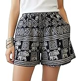 Zendrian Bohemian Elephant Print Harem Shorts, High Elastic Waist Summer Beach Shorts