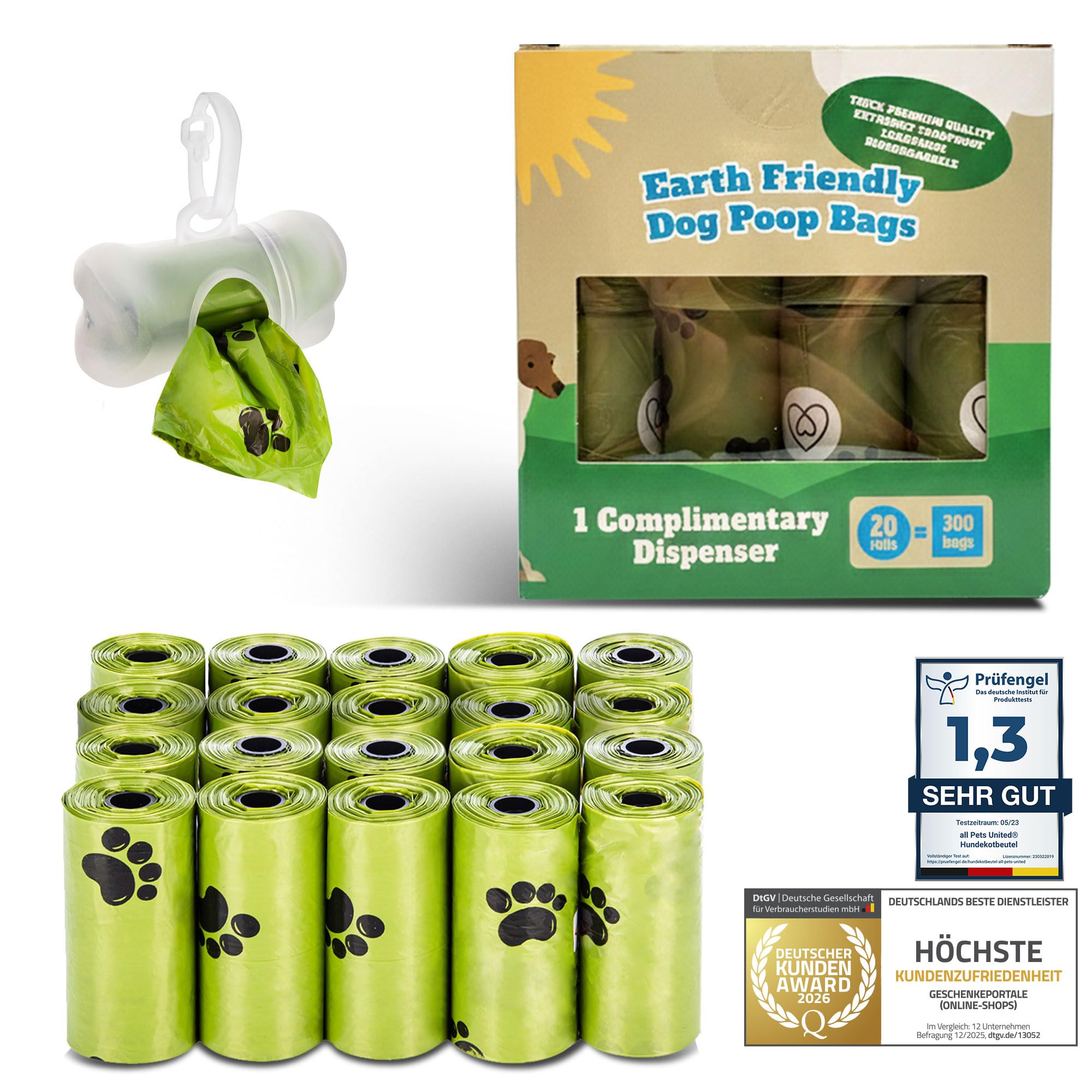 Organic Dog Excrement Bag with Dispenser Compostable 100% Biodegradable Dog Bag with Leash Holder (300 bags: 20 rolls + 1 dispenser)