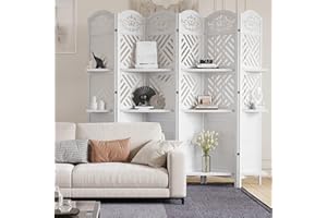 SVIMI Room Divider with Shelves, 5.75ft Tall Folding Wood Carved Screen with Double Hinges for Home Office Bedroom Hotel Decoration (6 Panels, Pure White)