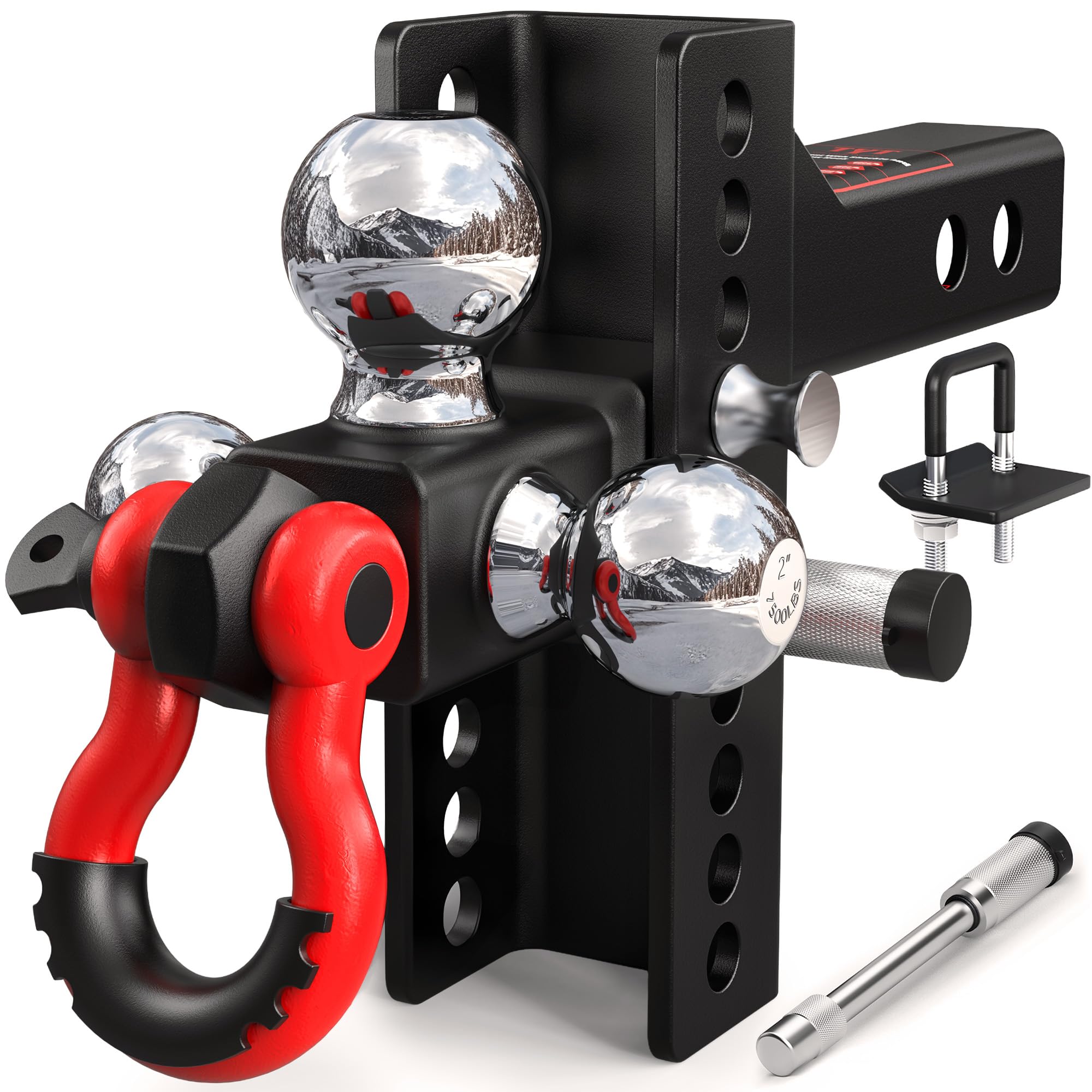 TYT Adjustable Tri-Ball Trailer Hitch for 2 inch Receiver, 4.5" Drop/Rise, Triple Balls (1-7/8", 2", 2-5/16") with Shackle, 10,000 lbs GTW, 1,000 lbs TW,Pin Lock & Hitch Tightener Image