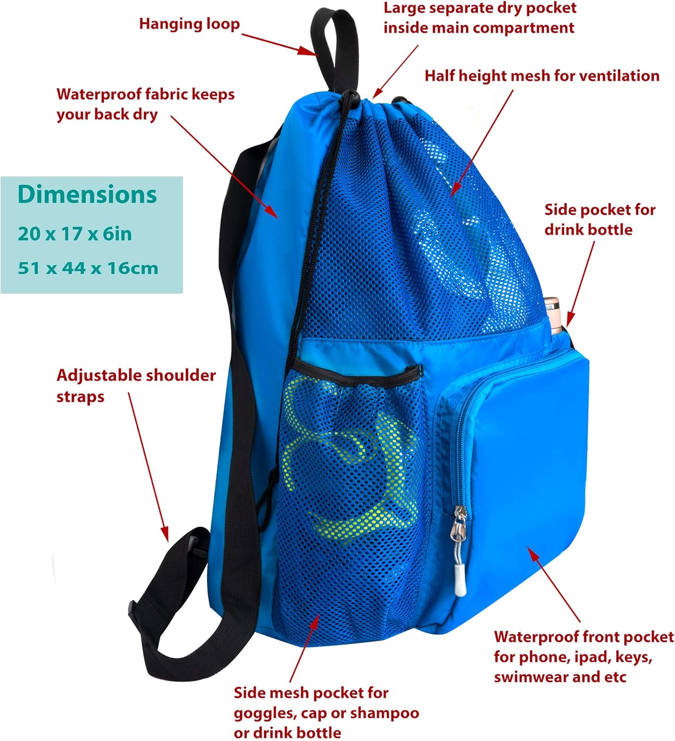 ButterFox Large Swimming Equipment Mesh Bag with Separated Waterproof Dry Compartment, Dry and Wet Separated (Blue): Sports & Outdoors