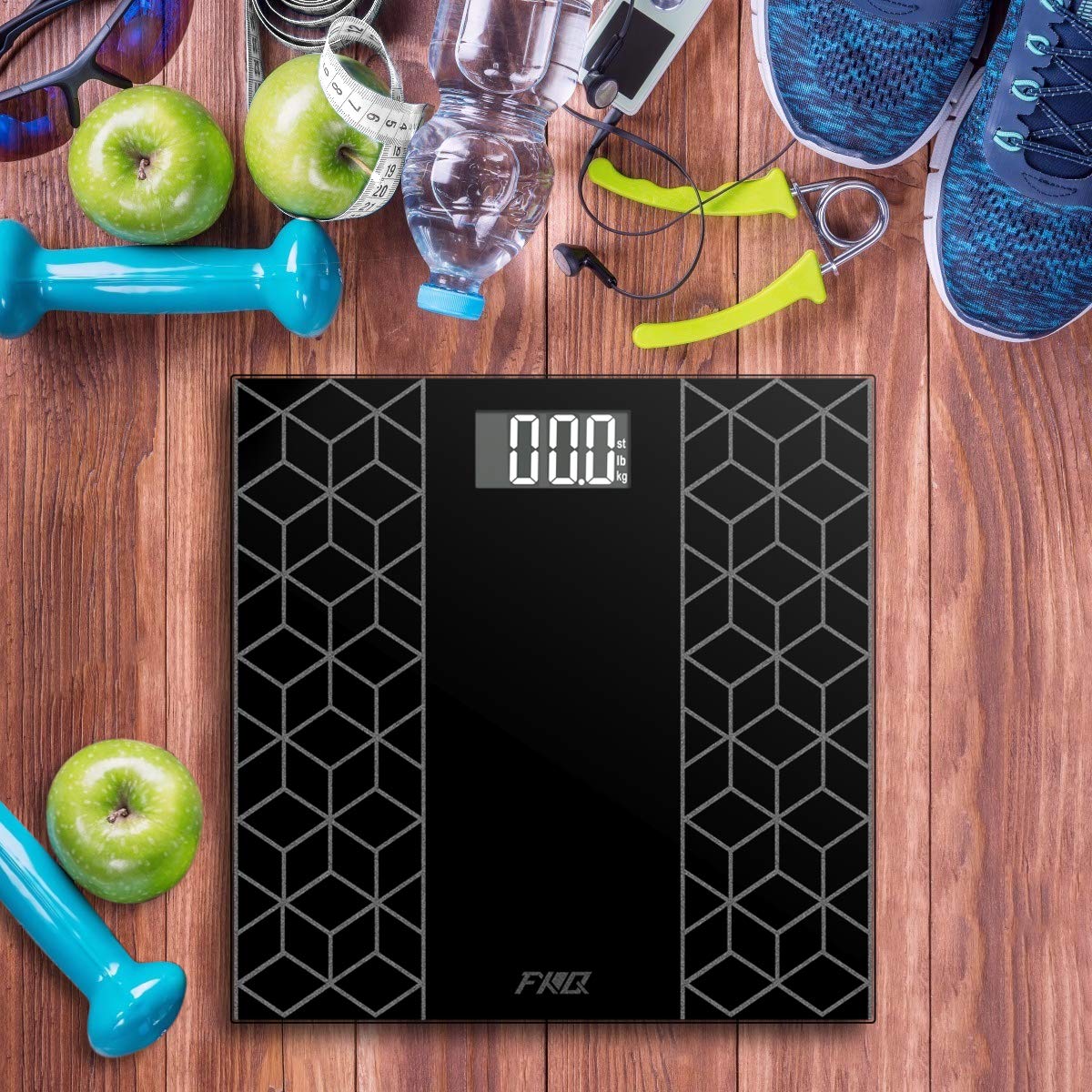 Digital Body Weight Bathroom Scale, FXQ High Precision Sensor Digital Bathroom Scale with Large Blue LCD Backlight Display, 8MM Shatter-Resistant Tempered Glass and Body Measuring Tape, Black